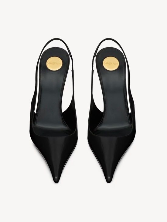 Saint Laurent Shoes - Saint Laurent Black Patent Pointed Slingback Pumps with Gold Medallion